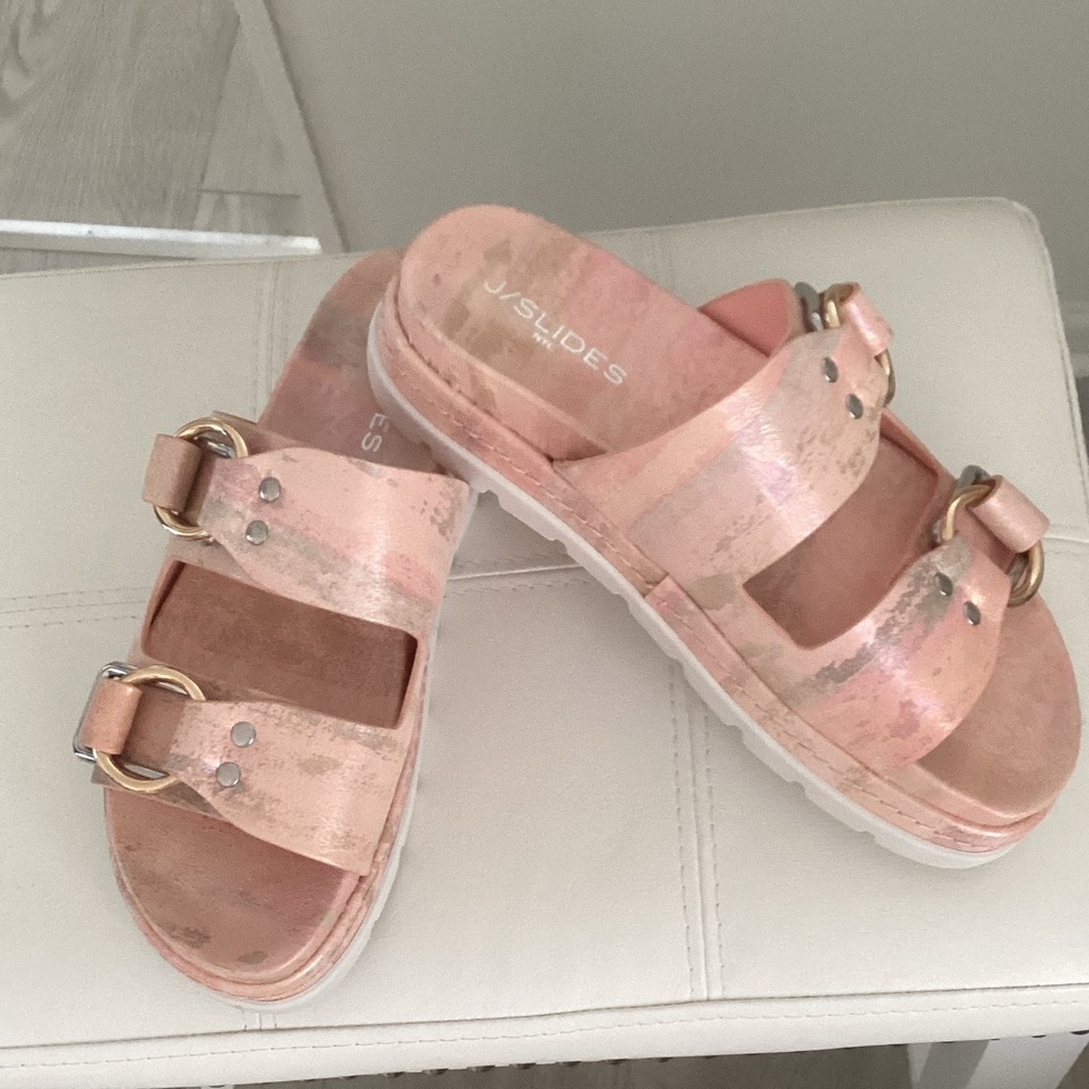 J/SLIDES Blush Metallic Double Strap Sandals